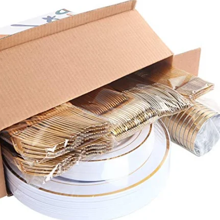 Wholesale Disposable 25Guests Dinner Salad Gold Plastic Plates with Gold tableware