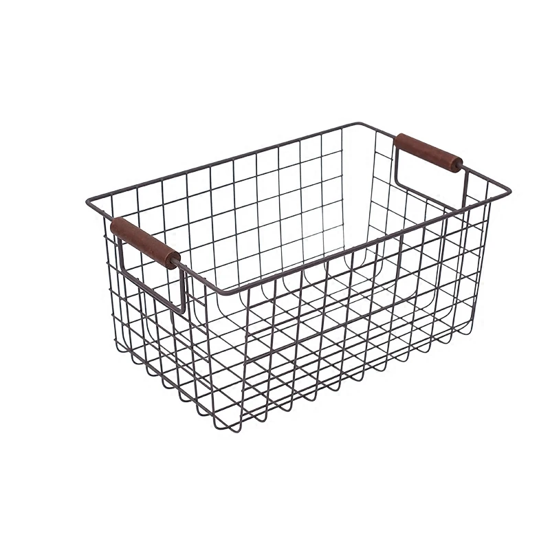 Factory direct sale Cheap Price Household Storage Fruit Black Metal Wire Mesh Basket With Insert Wooden Handles