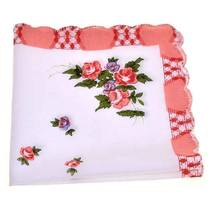 Custom Design Bulk Scalloped Edge Ladies Floral Printing Cotton Handkerchief