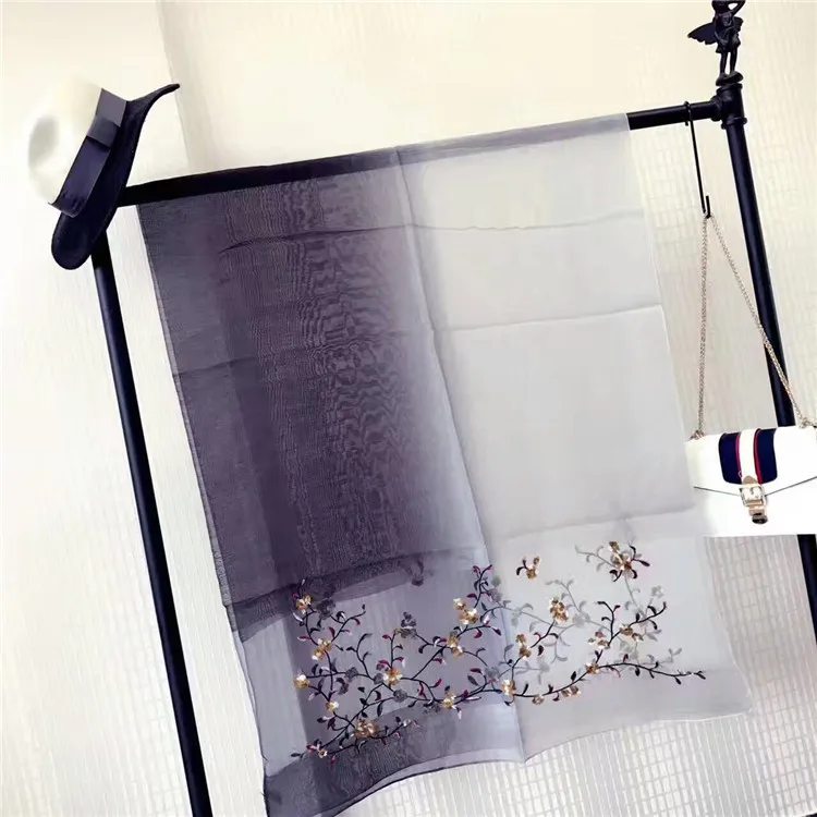 ZP wholesale lady long plain woven beautiful silk and wool hijab scarf flower embroidered