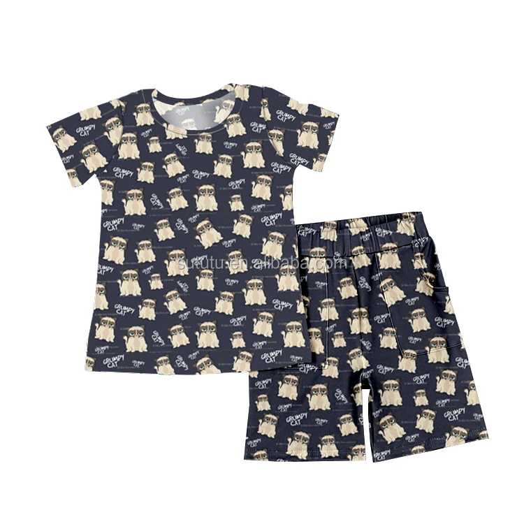 Cheap price vietnam kids clothing cat pattern t-shirt two pockets shorts boys clothing kids clothes