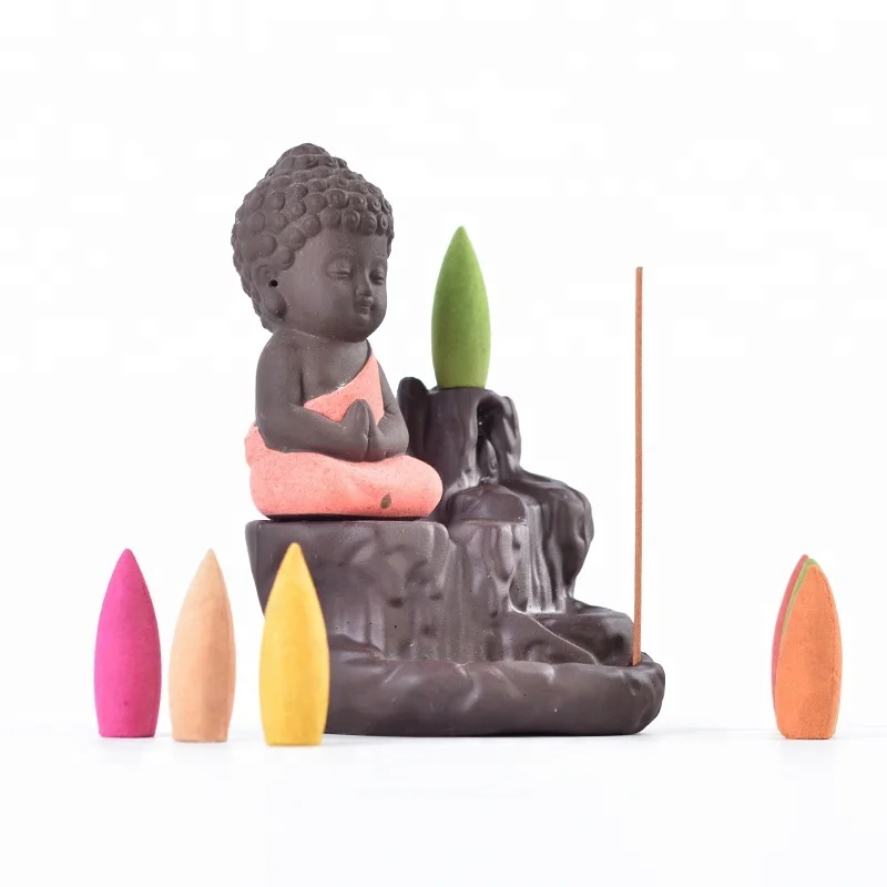 Ceramic Buddha statue Ceramic Incense Burner Backflow Tower Cones Sticks Holder Ceramic Porcelain Buddha Monk Ash Catcher- Red