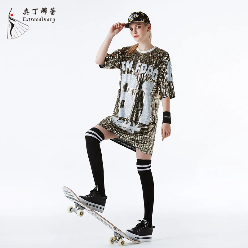 Wholesale Hip Hop Dance Costumes Baseball Shirt Custom Bling Loose Women Oversize Sparkly Sequin Long T Shirt Dress