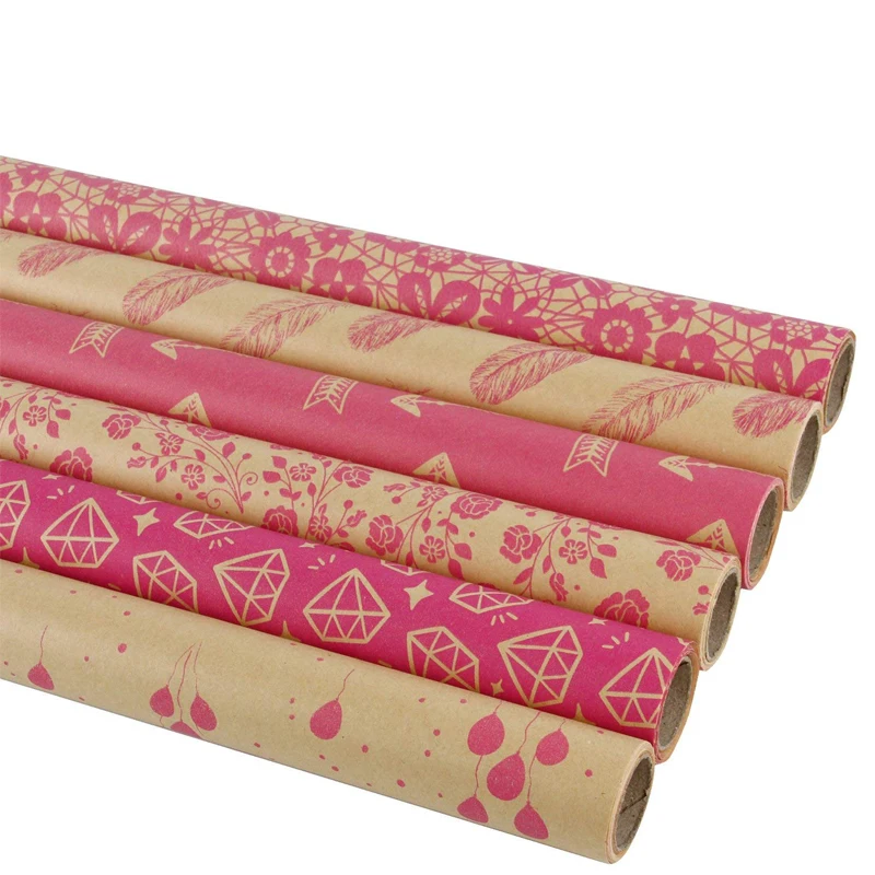 
Wholesale Pink Patterns Printed Thick Brown Gift Wrapping Kraft Paper Roll 