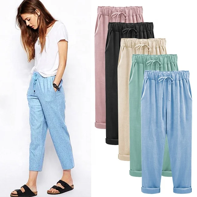 
Cotton and linen fertilizer plus-size loose thin linen nine minutes of pants 
