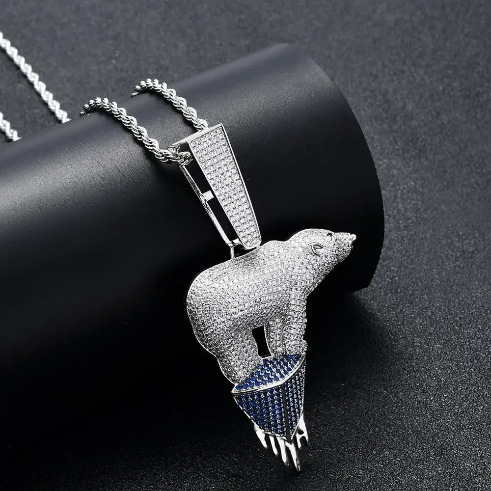 Hot Sale Iced Out CZ Stone 18K Gold Plated Polar Bear Pendants With big Clasp
