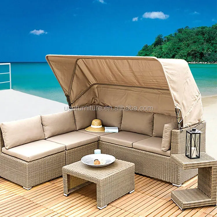 Luxury hotel outdoor leisure furniture garden lounge suite rattan sofa with awning