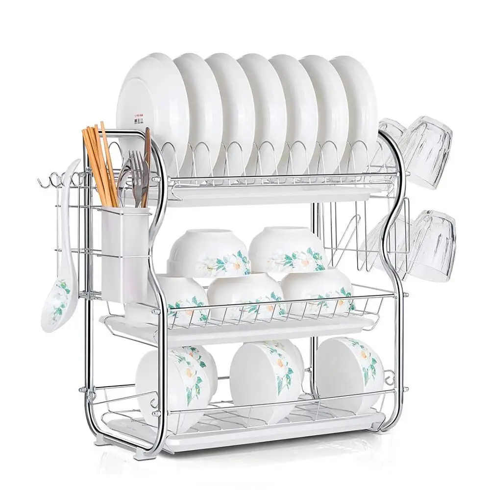 Amazon hot selling kitchen organizer 3 tiers stainless steel large dish rack with drain board