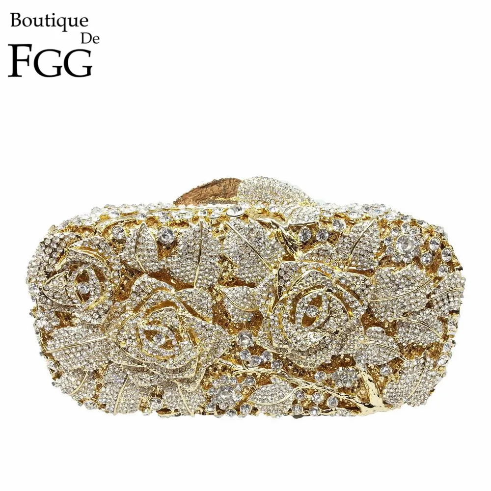 Us 52 99 47 Off Bridal Metal Clutch Fl Rose Bag Women Crystal Gold Evening Wedding Party Handbags Purse Lady Diamond Rhinestone Clutches In