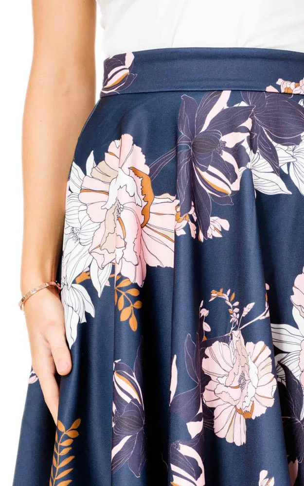 European And American Fashion Custom Women Elegant Navy Floral Midi Skirts