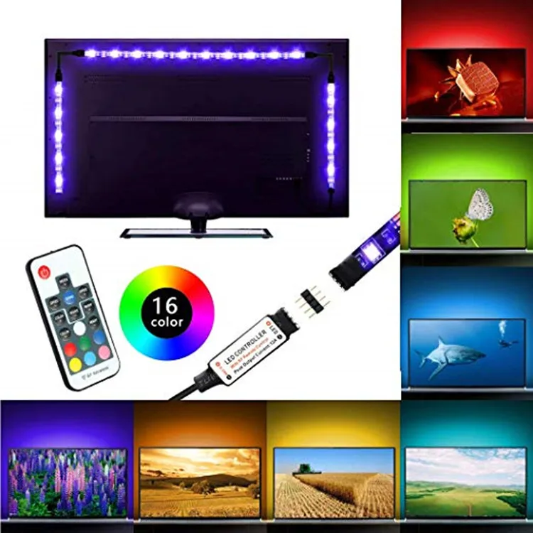 LED TV Backlight Kit 6.6ft RGB USB Powered Light Strip with RF Remote 16 Colors for Home Theater Decoration