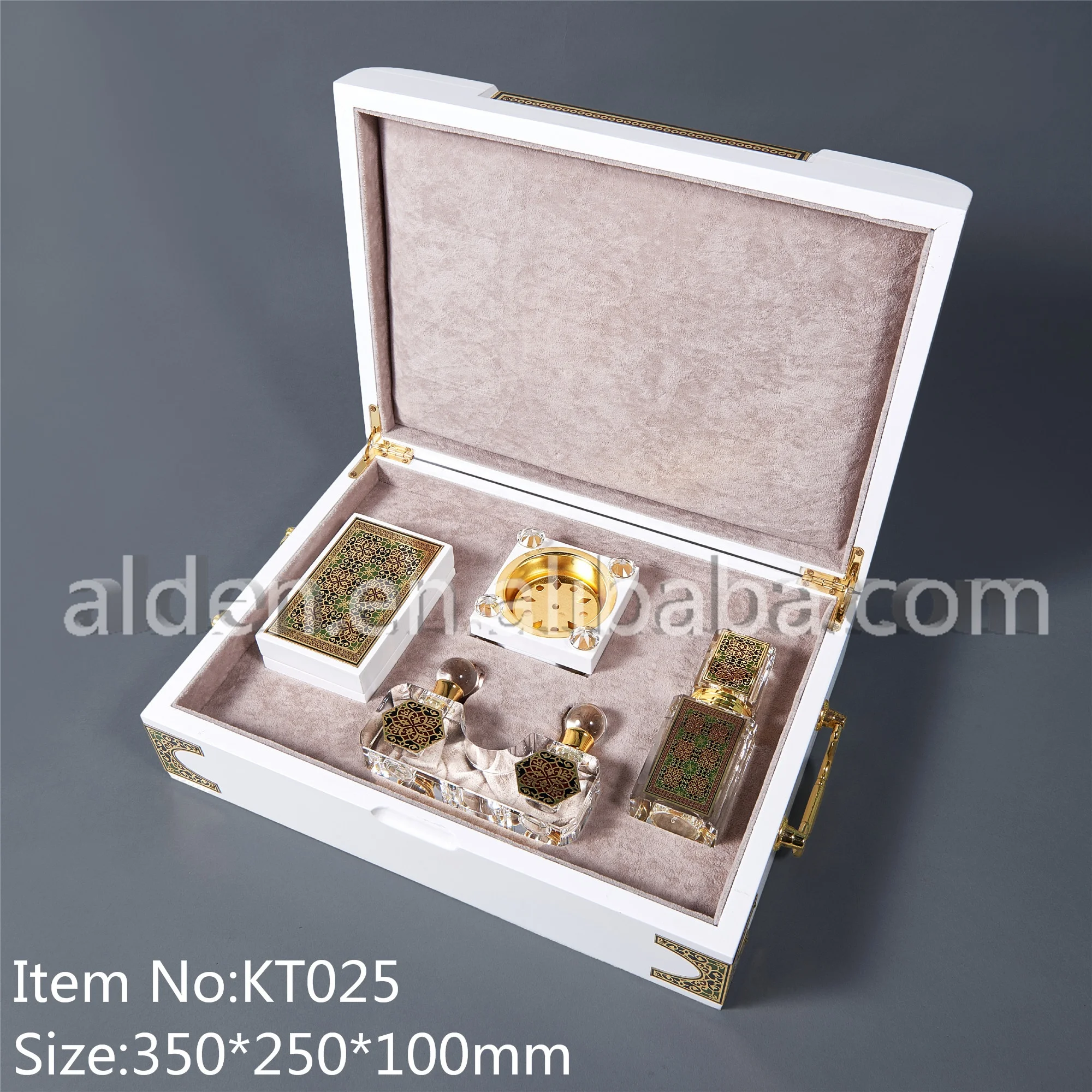 Luxury white glossy lacquer Finish Wooden Double Perfume Bottle Incense Box with brown color velvet