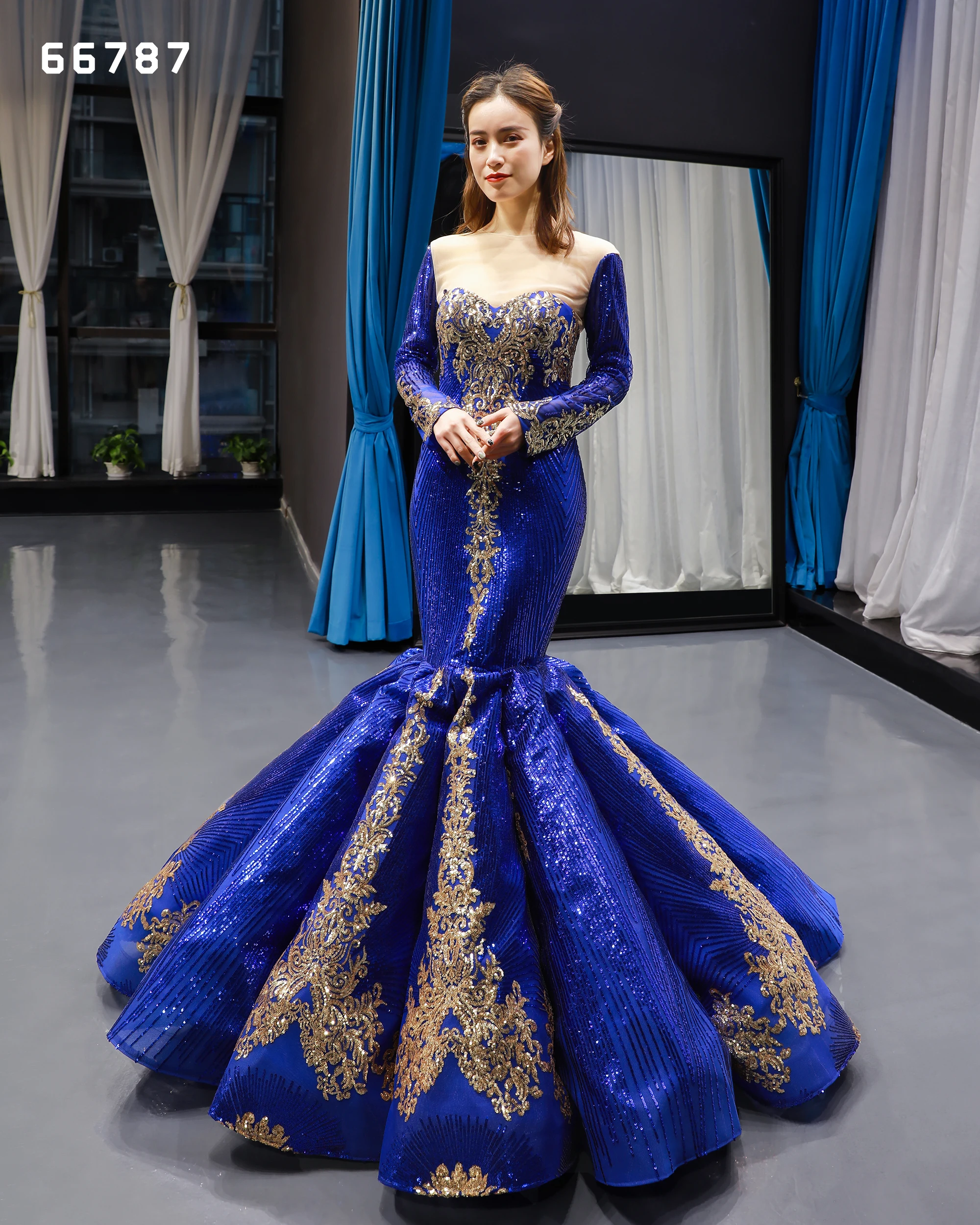 Jancember RSM66787 royal blue evening dress women vestidos de fiesta luxury long sleeve sexy mermaid prom dress evening