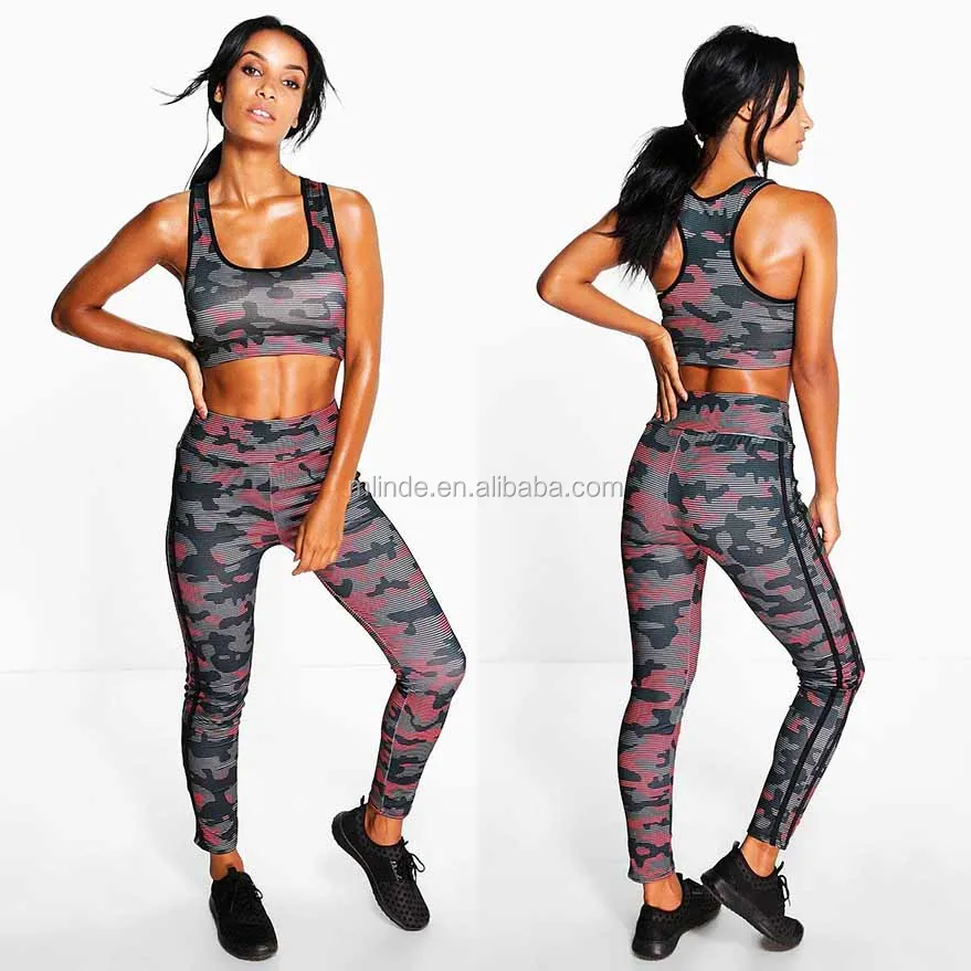 Camo Print Sports Crop Tops And Running Leggings Set Fashion Women Leggings And Tops