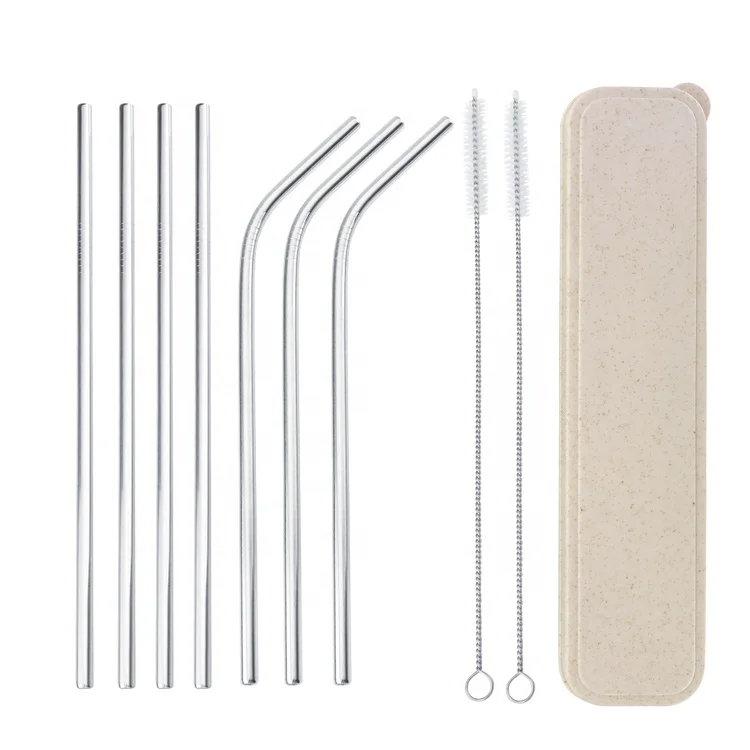 Wholesale portable silver food grade stainless steel metal straw drinking,9Piece straw metal