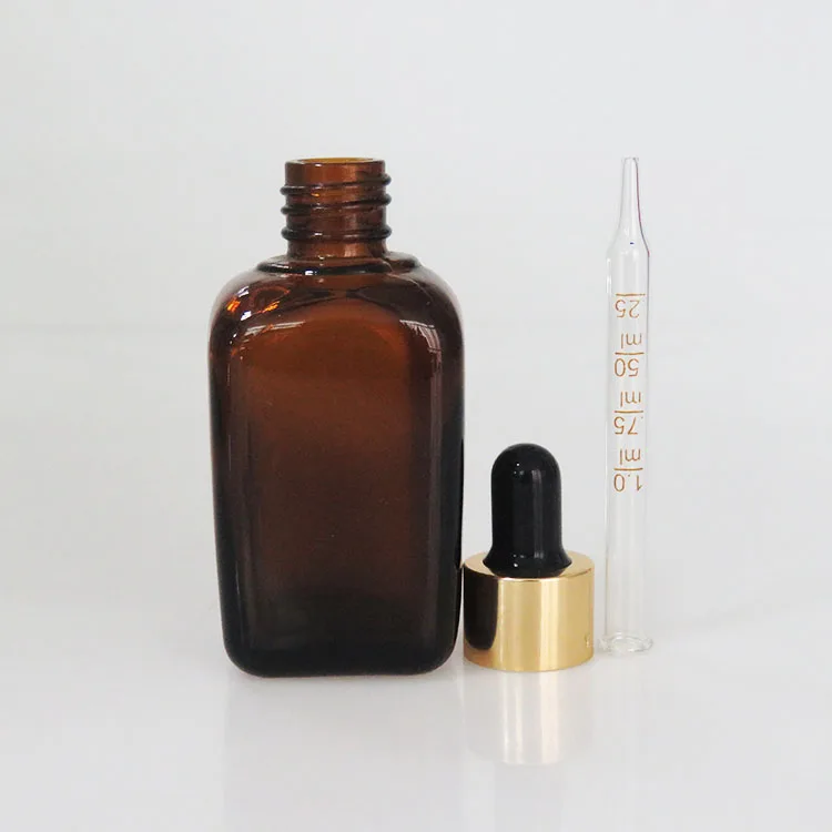 
30ml 50ml Square Empty Essential Oil Amber Glass Dropper Bottle With Gold Screw Cap 