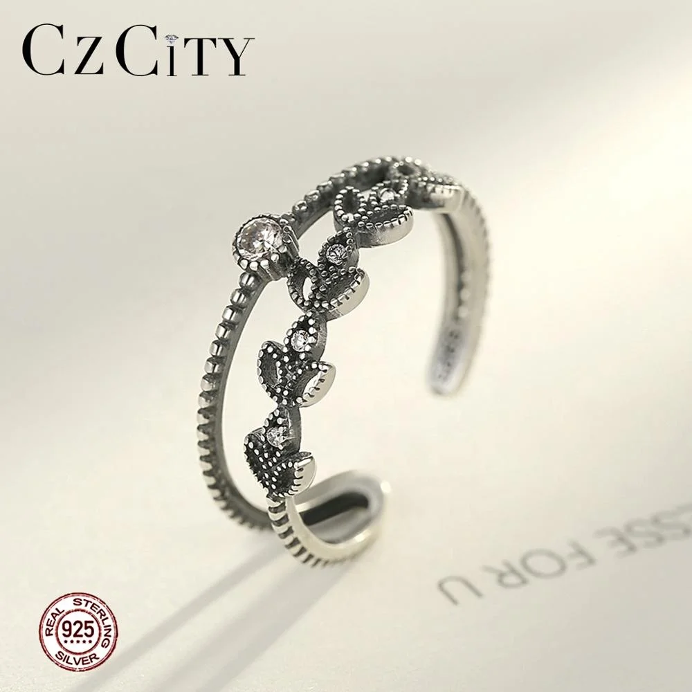CZCITY Irregular 925 Sterling Silver Ring Female Charm Open Hollow Open Ethnic Jewelry Black Ring