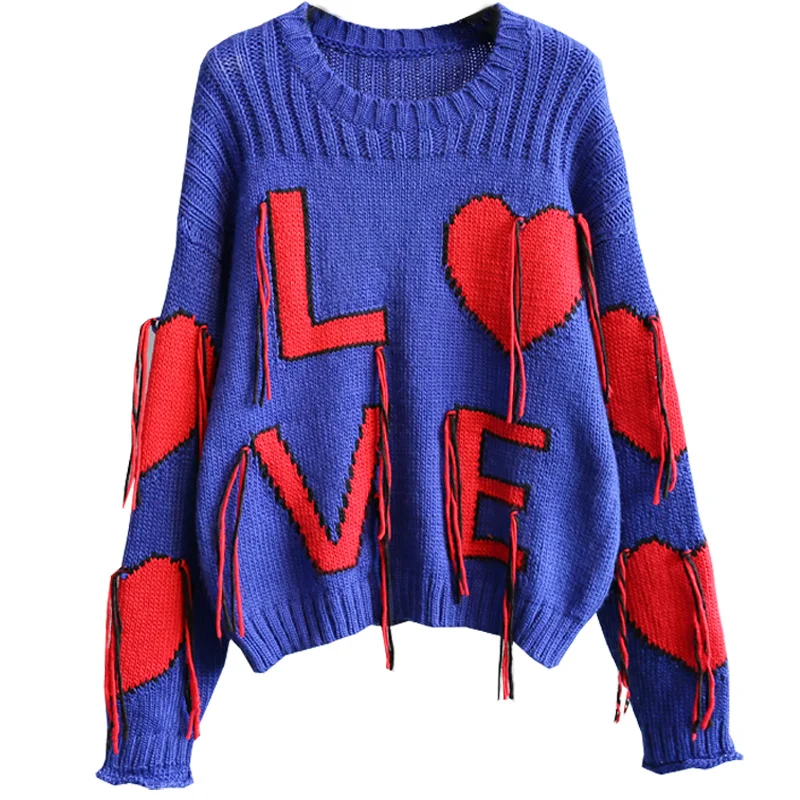 
Loose Pullover jacquard embroidered heart cropped tassel womens fringe knitted custom sweater 