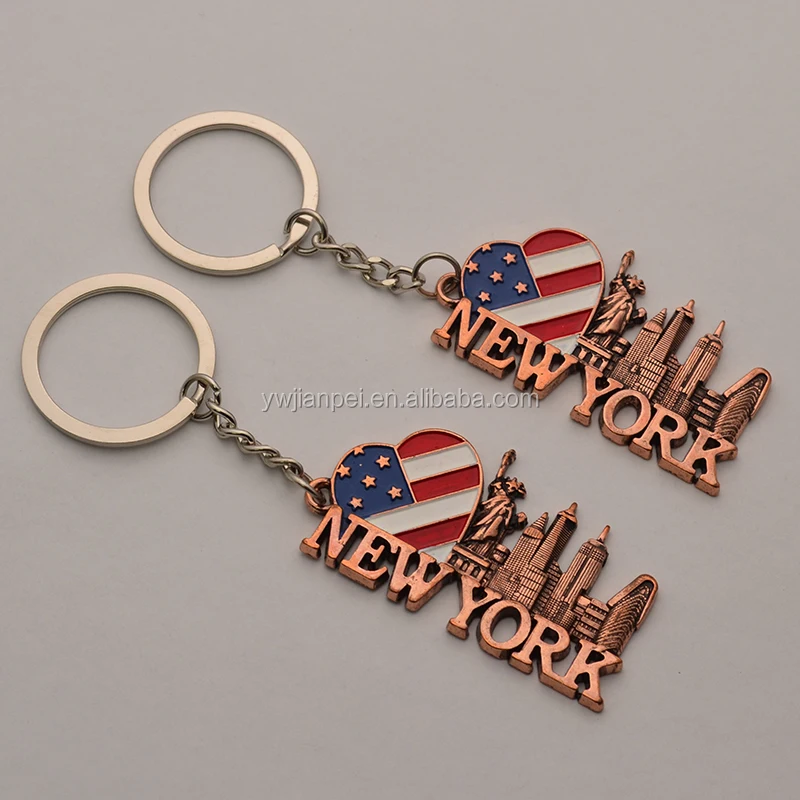 Antique Bronze Plating America Flag New York Tourist Souvenir Gift Keychain