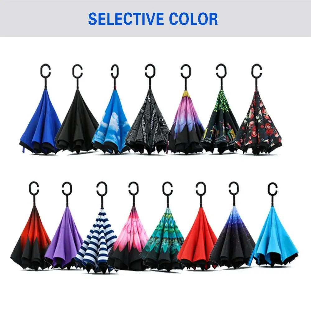 
Inside full print double layer manual open reverse inverted C handle umbrella for car 