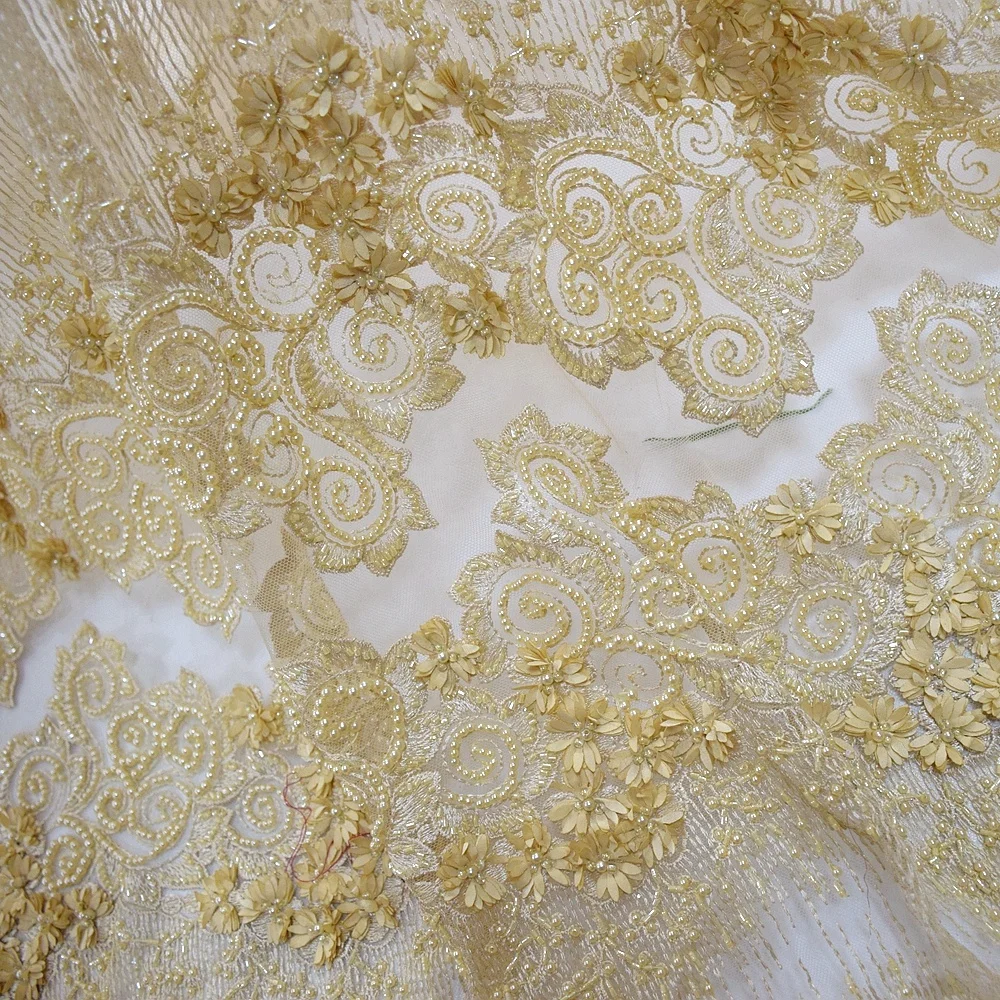New gold 3d flower lace embroidered fabric pretty african tulle bead pearl lace fabric for party HY0922-1