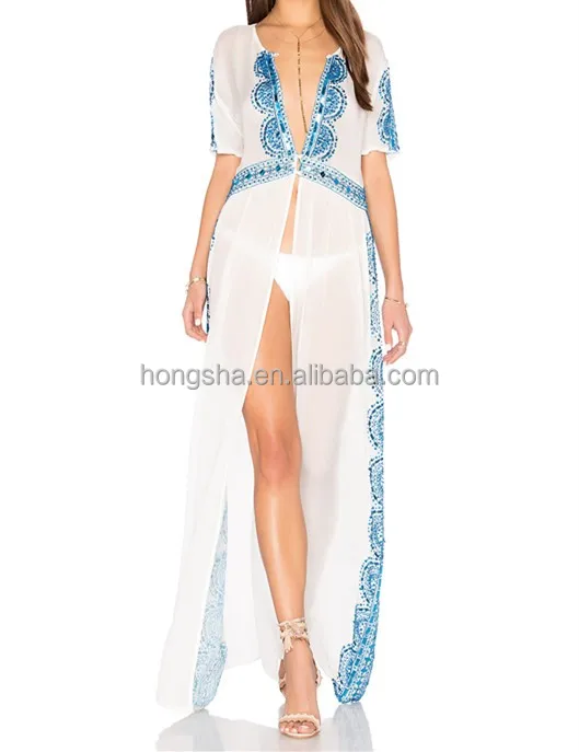 Sexy V Neck Beach Cover Up Kaftan Style Kurti Beaded Chiffon Maxi Dresses HSD2975