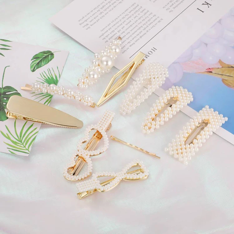 Korean Latest Women Kid Pearl Crystal Hairpin Metal Gold Snap Bow Hair Clips Extensions Bride Hair Accessories Jewelry