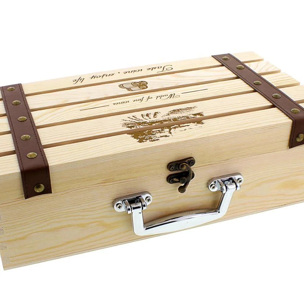 
IBEI Handmade Artisan Vineyard Design Natural Pine Wood Crate for Two red Wine Bottles Storage Gift Box Carrying Display Case 