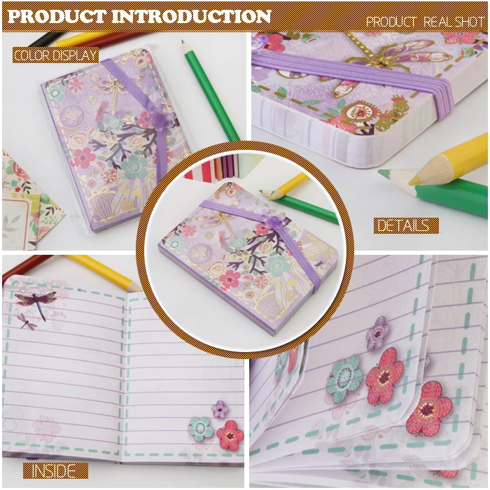 2022 new notepad paper notebook diary with purple acrylic flowers decoration for promotional