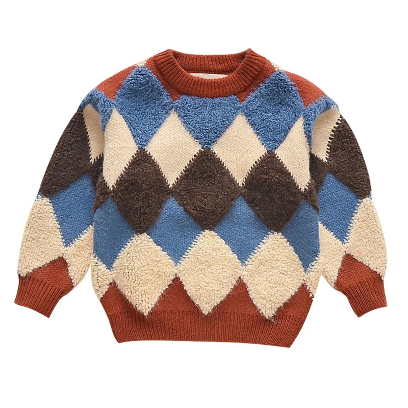 
High quality kids thick warm lingge patterns diamond knitting kids boys sweaters 