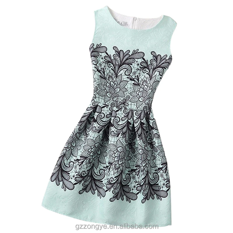 Latest hot selling women jacquard dresses patterns print vintage sleeveless party mini dresses