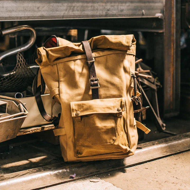 Vintage men cotton canvas rolltop backpack travel hiking rucksack