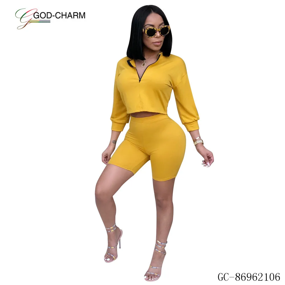 *GC-86962106 2020new Wholesale plain color zipper collar long sleeve t shirt and hot shorts two piece set blank women track suit
