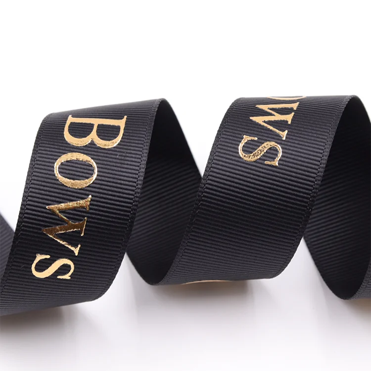 Factory custom eco friendly 3d gold foil printed black silk grossgrain grosgrain ribon gift ribbon with embossed logo brand