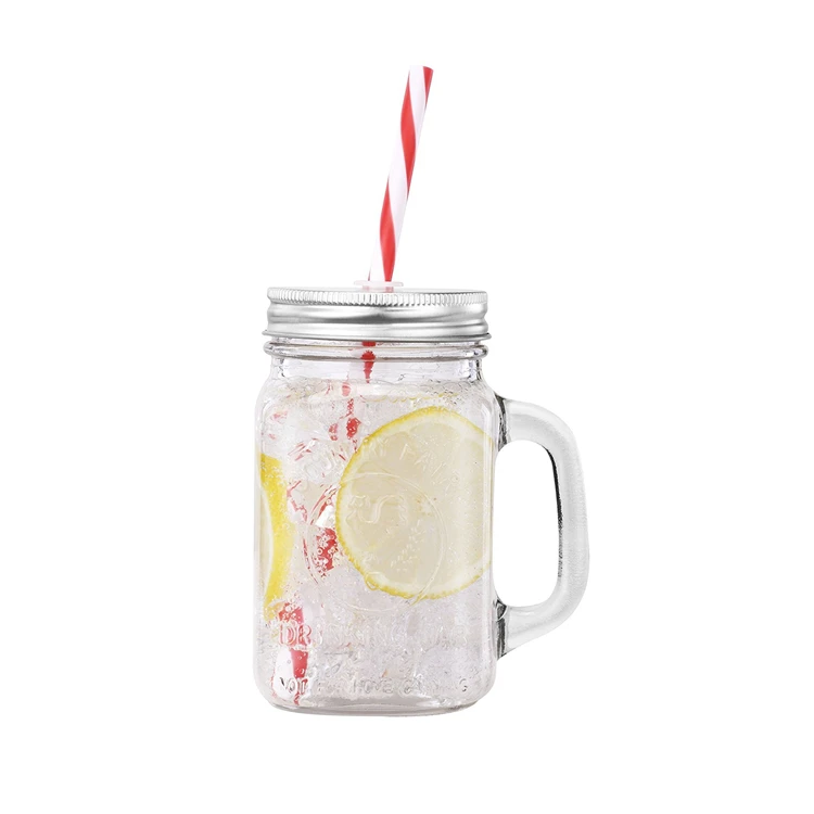 Factory Outlet 450ml 16oz Engraving Printed Empty Clear Drinking Cup Glass Mason Jar with Handle / lid / Straw