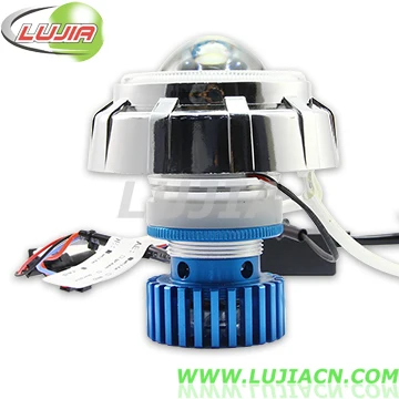 Hi/lo beam Bi-Xenon HID projector lens 8W18W 2200LM motorcycle  LED headlight with double angel eyes devil eye led work light