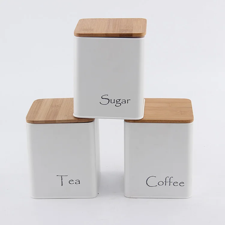 Hot Selling wood cover 3 pcs dry food storage Airtight Metal Tin Iron color Square flour sugar canister sets for kitchen counter