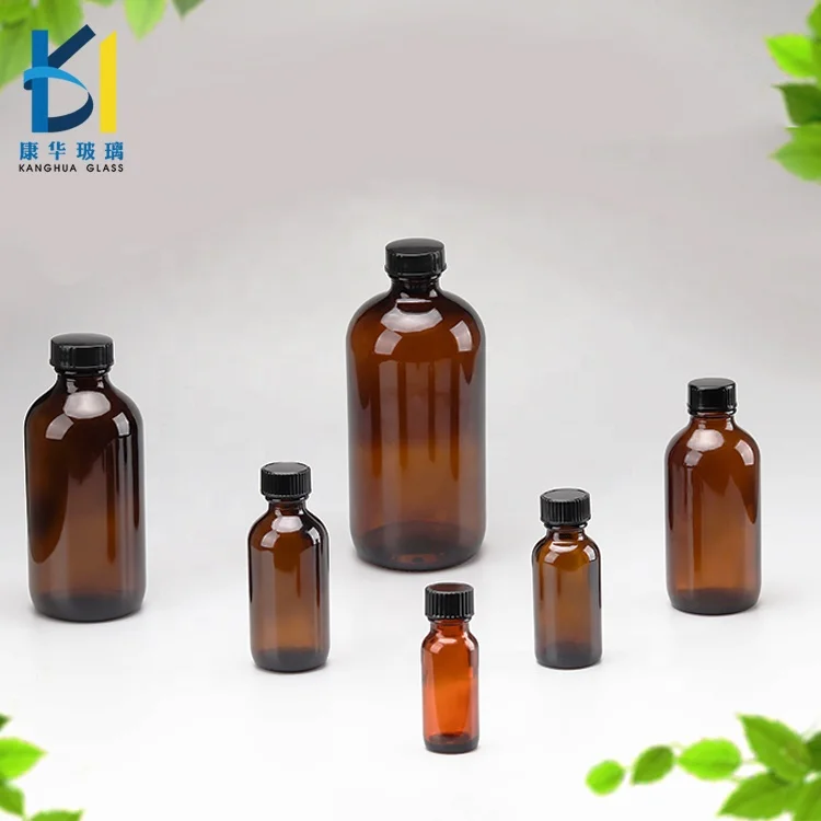 500ml 240ml 4oz Amber Boston Round Glass Bottle with Black Lid