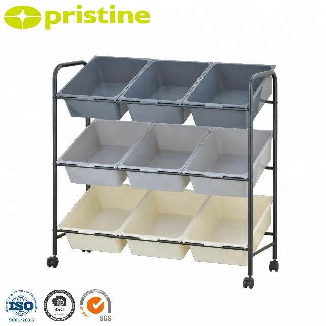 Shopee OEM home Organizer Taiwan household storage manufacturer Housewares trolley cart 9 PP plastic bins toy organizer