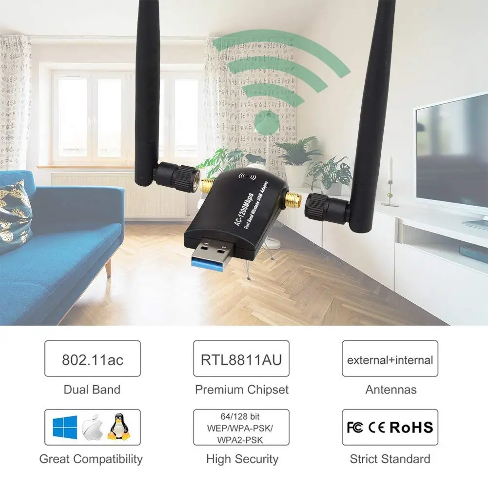 
1200Mbps 802.11ac Realtek 8812BU dual band USB wifi Adapter with 5Dbi external high gain antenna 