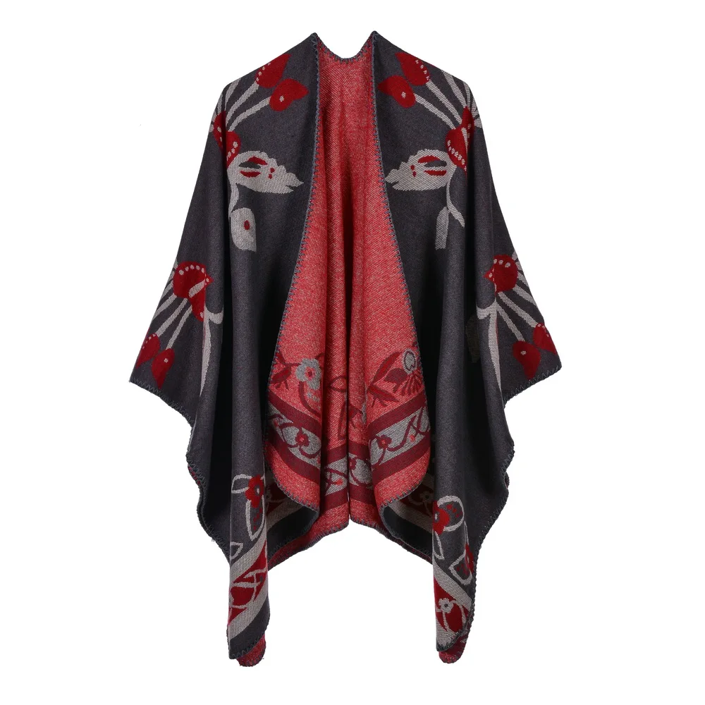 Wholesale 2020 new arrival custom acrylic ponchos cape women stylish red floral knitted oversized loop mexican poncho