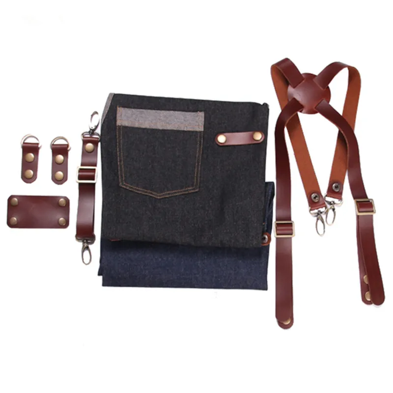 
Wholesale Black Denim Long Apron with Leather Strap adjustable apron for restaurant 