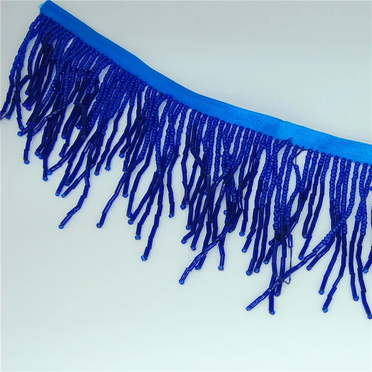 Wholesale blue ribbon bugle tassel trimming beaded fringe for dress costume