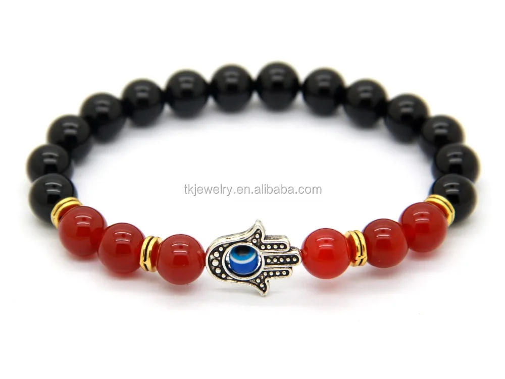 
Fashion Hand Charm Bracelet With Black red Agate Beads Mala Beaded Bracelet Jewelry 