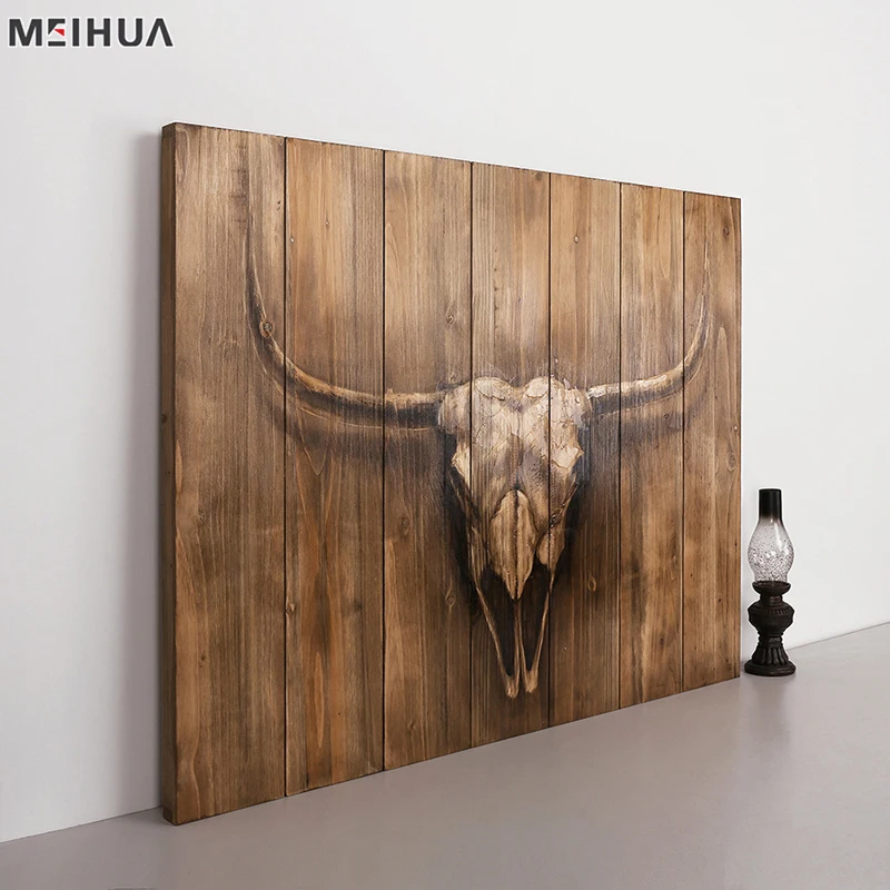 Hot Wholesalers Home Decoration Oil Pine Wood Modern Woodcut Bull Prints Carving Wall Art Animal 76x60 or Customized Meihua