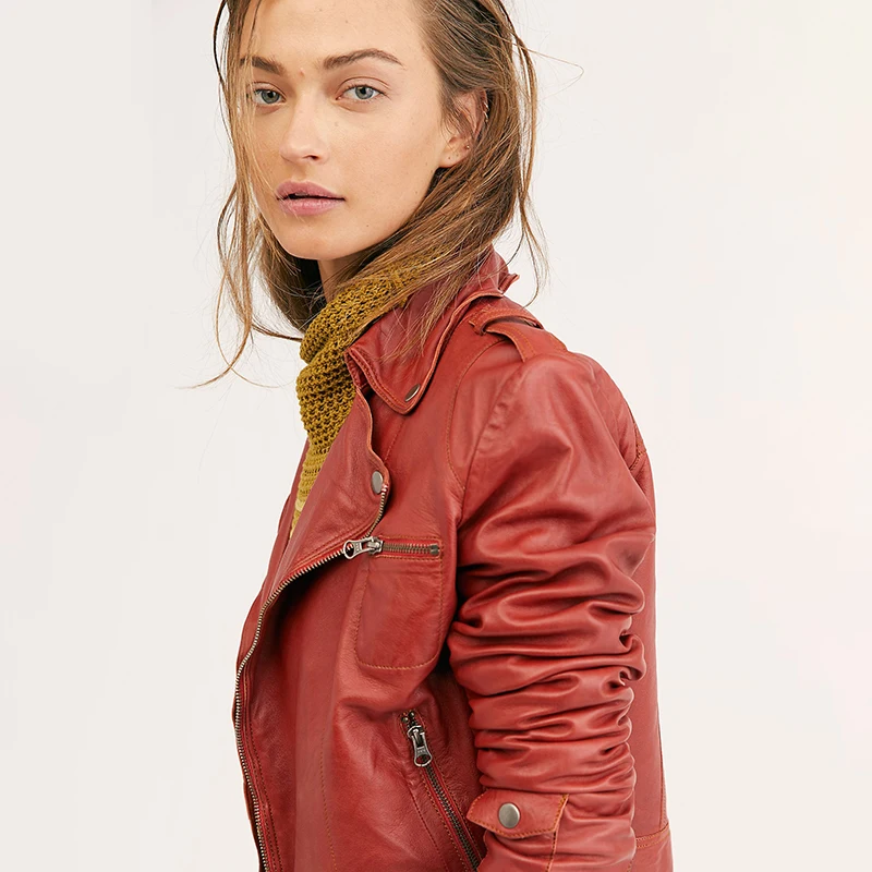 New Fashion Women Motorcycle Stylish Women Genuine Red Sheepskin Leather Jacket with high quality