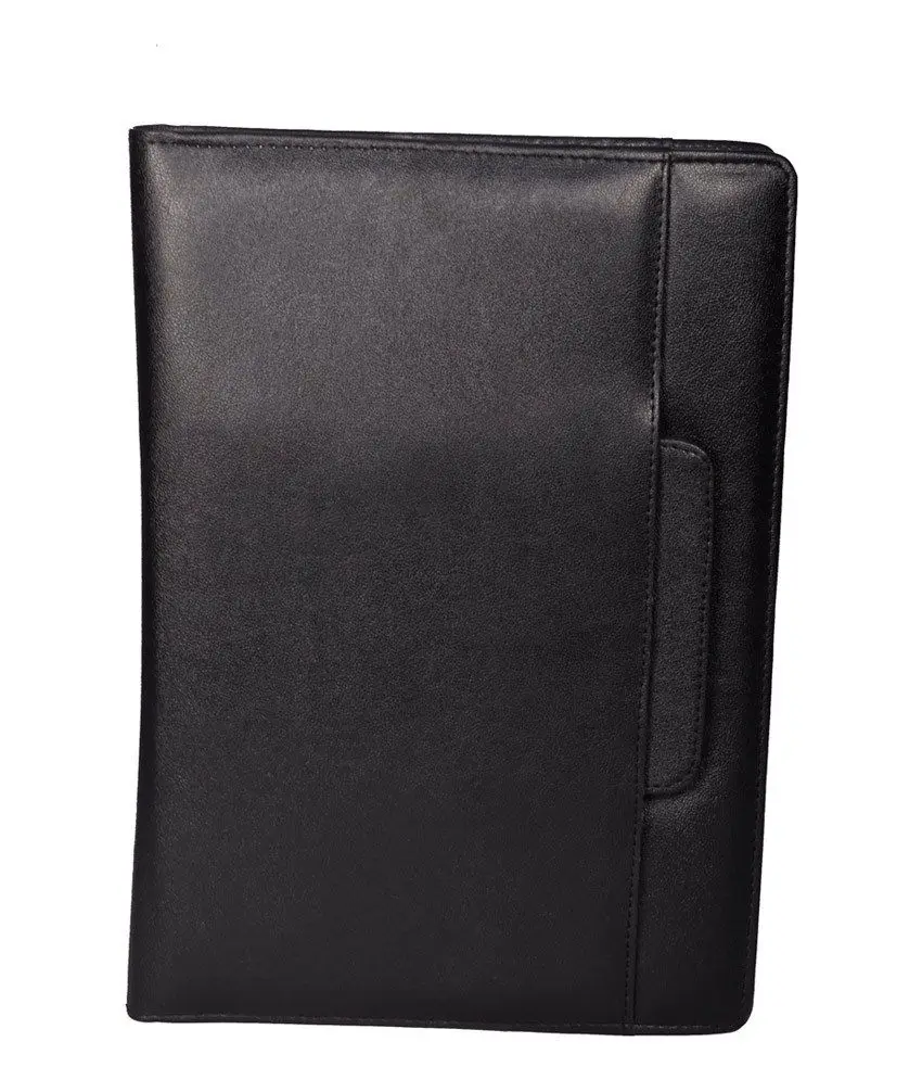 Black A4 PU Leather Zip Portfolio Folder Document File Folder with Stretchable Handle