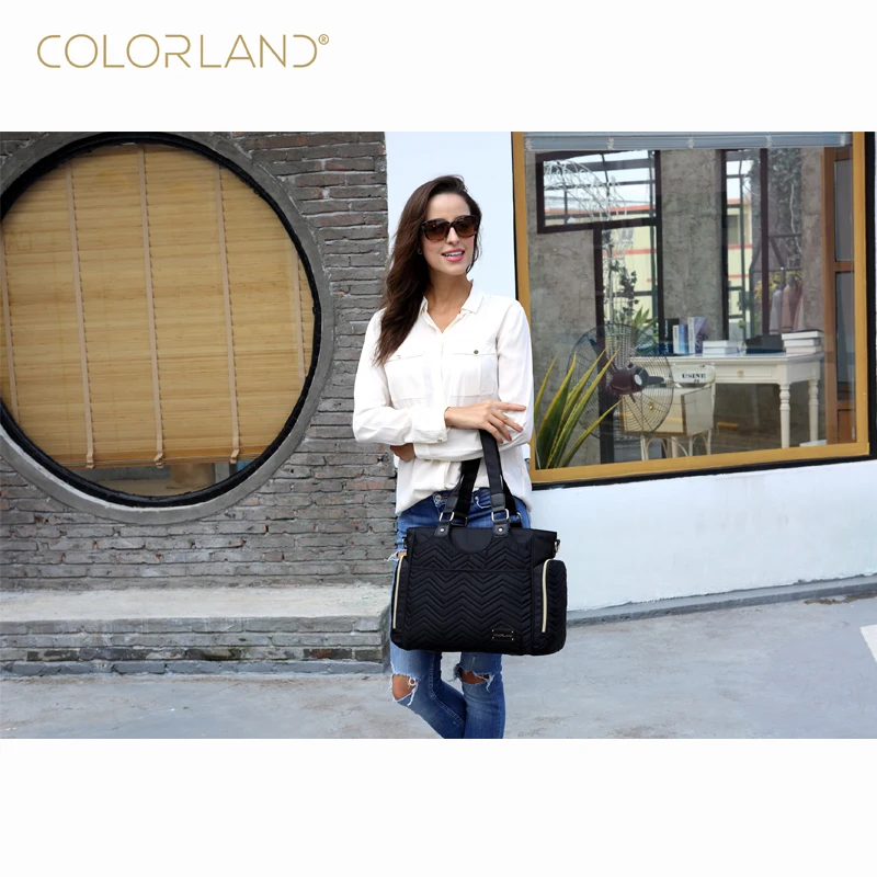New Design Stylish Quilting Baby Diaper Bag Black Color Quilted Polyester Mummy Tote Bag