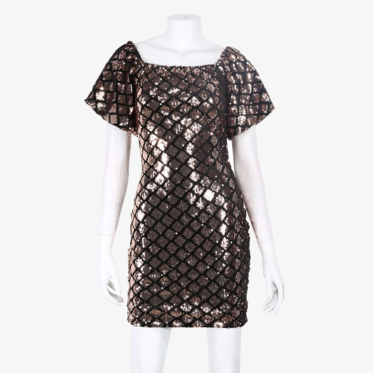 
High Fashion Wholesale Celebrity Sexy Black Short Sleeve Sequined Club Mini Dress For Nightclub Party Prom Evening 