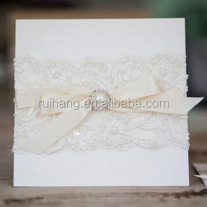 
fold pocket ivory beading and sequined lace pocket wedding invitation cards 